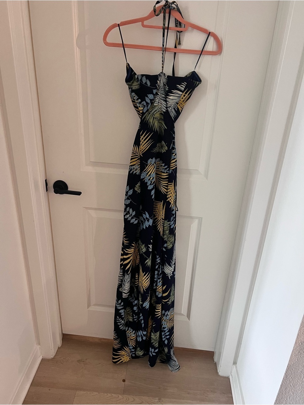 Hot Miami Styles Navy Tropical Leaf Maxi Dress with Yellow & Light Blue Accents